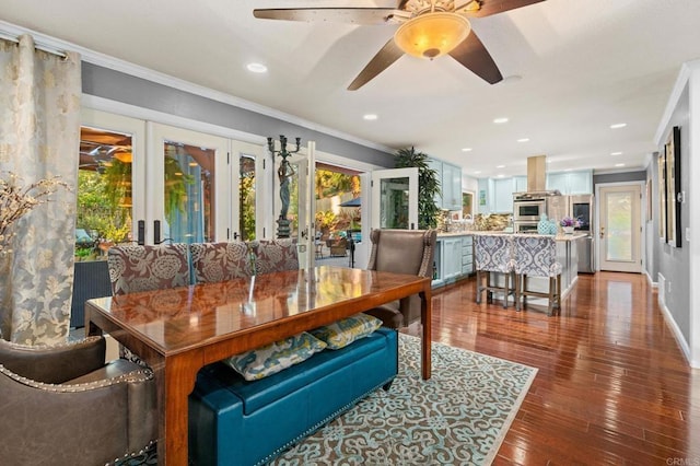 455 Ridgeview Ct, Bonita, CA 91902 - dining room with dark wood-style floors, crown molding, french doors, and a ceiling fan