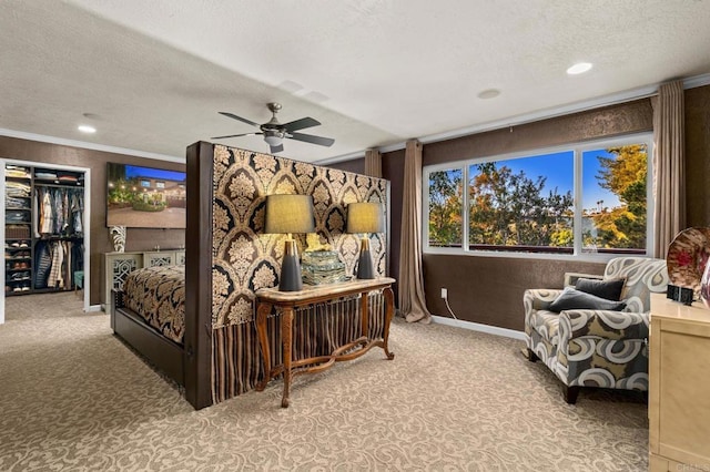 455 Ridgeview Ct, Bonita, CA 91902 - carpeted bedroom featuring a textured ceiling, ceiling fan, ornamental molding, and recessed lighting