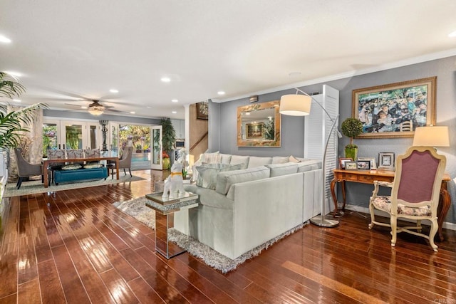 455 Ridgeview Ct, Bonita, CA 91902 - living area with recessed lighting, a ceiling fan, crown molding, and wood finished floors