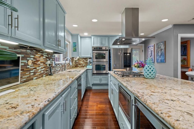455 Ridgeview Ct, Bonita, CA 91902 - kitchen with island range hood, recessed lighting, light stone counters, and appliances with stainless steel finishes