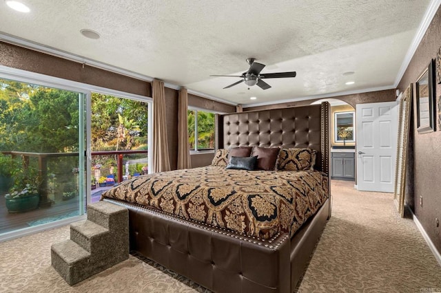 455 Ridgeview Ct, Bonita, CA 91902 - bedroom featuring arched walkways, ornamental molding, a textured ceiling, recessed lighting, and light colored carpet