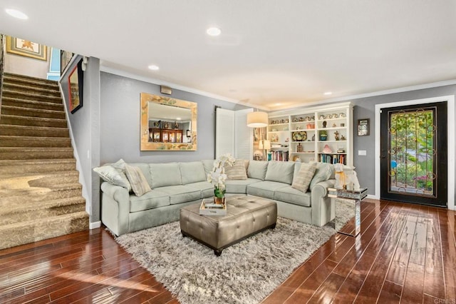 455 Ridgeview Ct, Bonita, CA 91902 - living room with dark wood-type flooring, crown molding, and stairs