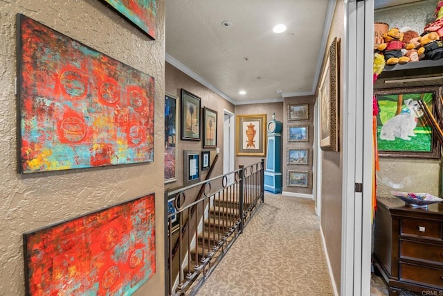 455 Ridgeview Ct, Bonita, CA 91902 - hall with crown molding, recessed lighting, carpet flooring, an upstairs landing, and baseboards