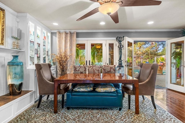 455 Ridgeview Ct, Bonita, CA 91902 - dining area with ornamental molding, a ceiling fan, recessed lighting, wood finished floors, and french doors