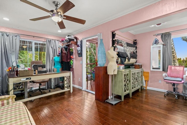 455 Ridgeview Ct, Bonita, CA 91902 - office area with hardwood / wood-style flooring, baseboards, crown molding, and ceiling fan