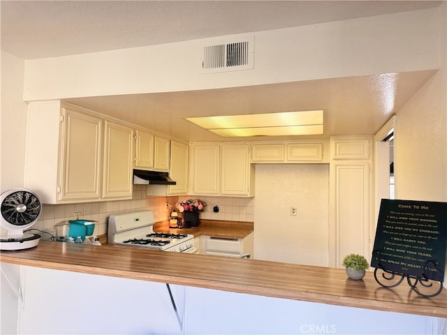 9208 Citrus Ave Unit C, Fontana, CA 92335 - kitchen featuring a peninsula, white gas stove, under cabinet range hood, and visible vents
