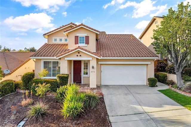 30754 Links Ct, Temecula, CA 92591 - mediterranean / spanish house featuring a garage, stucco siding, driveway, and a tiled roof