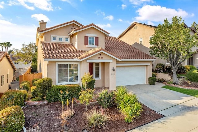 30754 Links Ct, Temecula, CA 92591 - mediterranean / spanish home featuring stucco siding, an attached garage, concrete driveway, a chimney, and a tiled roof