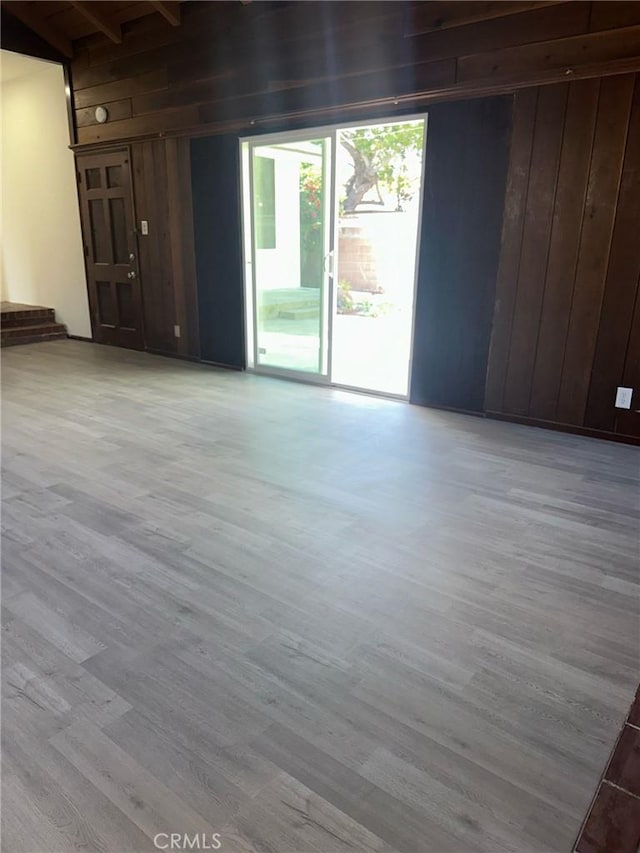 empty room featuring wood walls and wood finished floors