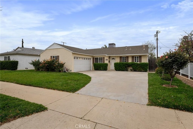 single story home with a garage, stucco siding, fence, a front lawn, and driveway