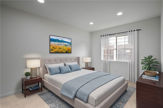 bedroom with recessed lighting, baseboards, and carpet floors
