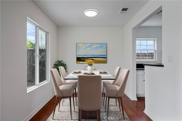 dining room with visible vents, baseboards, and dark wood-style floors
