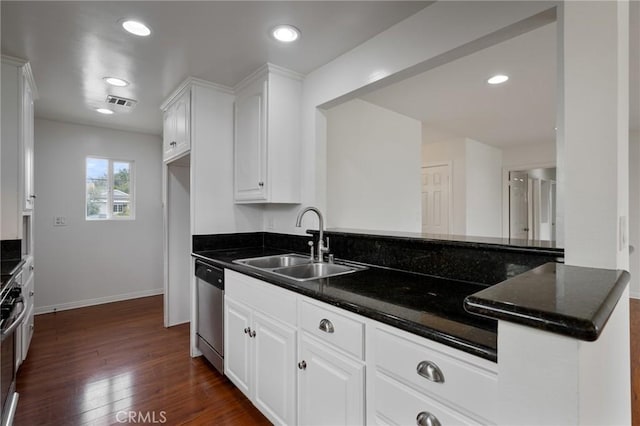 kitchen featuring stainless steel dishwasher, dark wood-style floors, white cabinets, and a sink