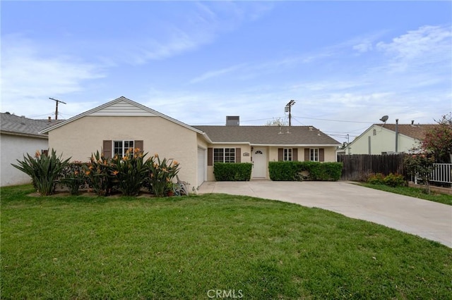 single story home featuring a garage, stucco siding, fence, a front lawn, and concrete driveway
