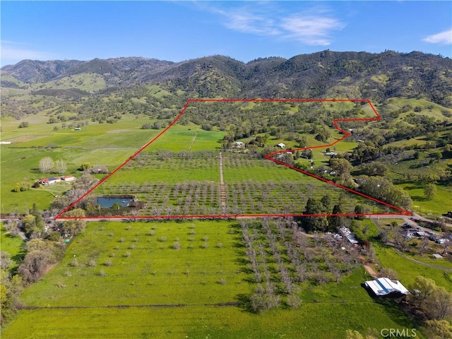 drone / aerial view with a mountain view and a rural view