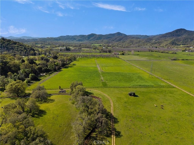 bird's eye view featuring a rural view and a mountain view