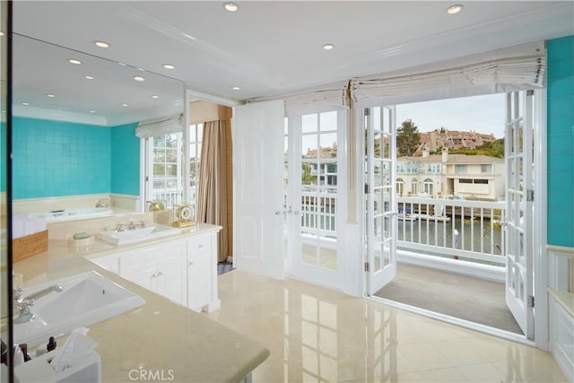 736 Harbor Island Dr, Newport Beach, CA 92660 - bathroom with crown molding, a healthy amount of sunlight, and a sink
