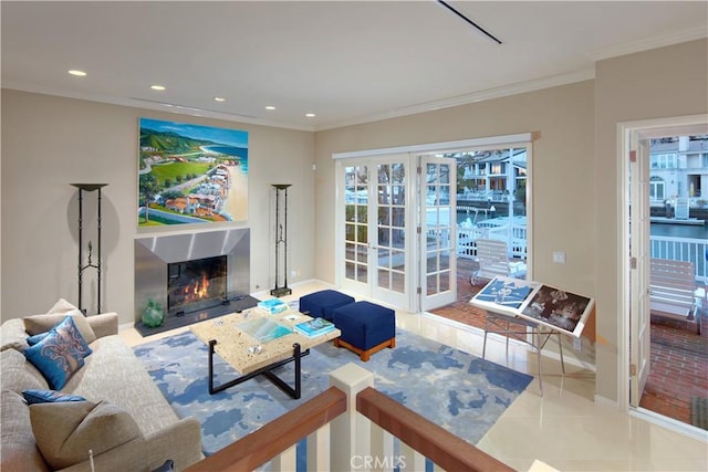 736 Harbor Island Dr, Newport Beach, CA 92660 - tiled living room featuring crown molding, baseboards, a glass covered fireplace, and recessed lighting