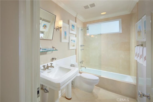 736 Harbor Island Dr, Newport Beach, CA 92660 - bathroom with bathing tub / shower combination, ornamental molding, visible vents, toilet, and tile patterned floors
