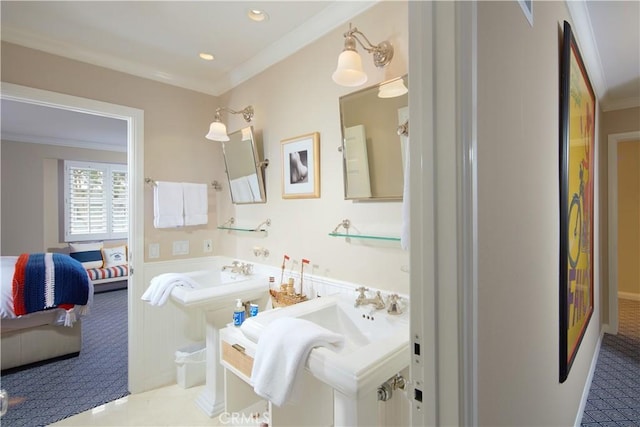 736 Harbor Island Dr, Newport Beach, CA 92660 - ensuite bathroom featuring recessed lighting, ornamental molding, and connected bathroom