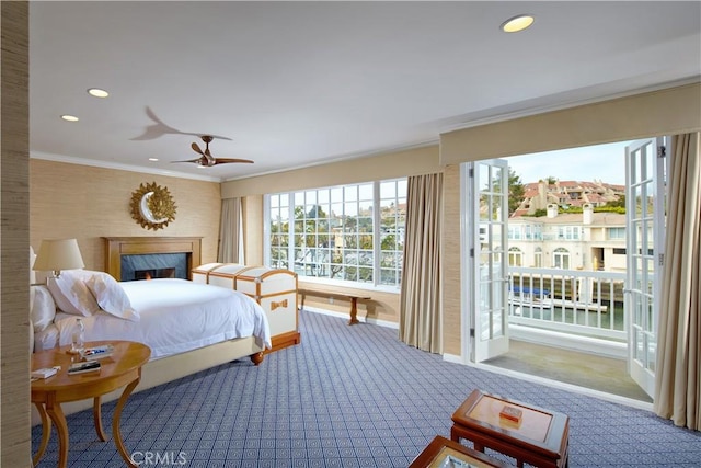 736 Harbor Island Dr, Newport Beach, CA 92660 - bedroom featuring ornamental molding, a high end fireplace, carpet floors, recessed lighting, and access to outside