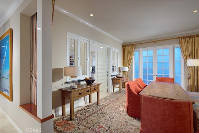 736 Harbor Island Dr, Newport Beach, CA 92660 - interior space featuring crown molding, french doors, and recessed lighting