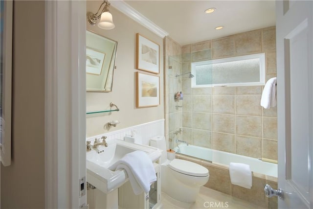736 Harbor Island Dr, Newport Beach, CA 92660 - bathroom with toilet, tiled shower / bath, ornamental molding, and a wainscoted wall