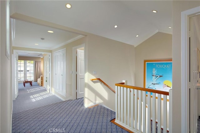 736 Harbor Island Dr, Newport Beach, CA 92660 - hall with crown molding, carpet, recessed lighting, an upstairs landing, and baseboards