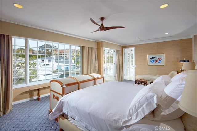 736 Harbor Island Dr, Newport Beach, CA 92660 - bedroom featuring crown molding, a ceiling fan, recessed lighting, carpet floors, and baseboards