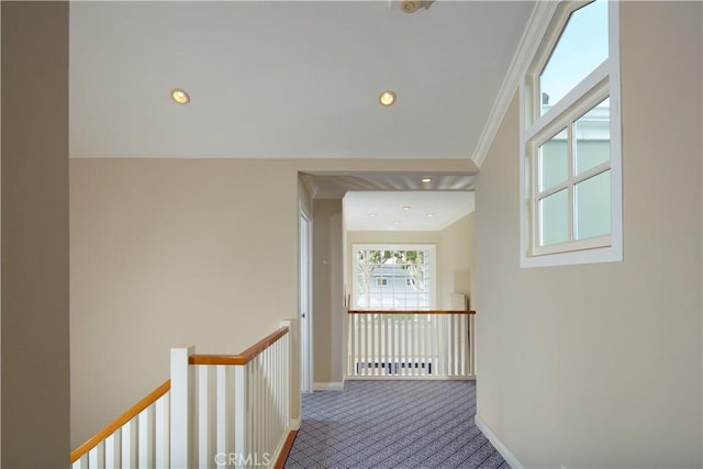 736 Harbor Island Dr, Newport Beach, CA 92660 - hall with baseboards, an upstairs landing, crown molding, recessed lighting, and carpet flooring