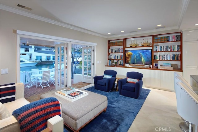 736 Harbor Island Dr, Newport Beach, CA 92660 - living room featuring ornamental molding, visible vents, and recessed lighting
