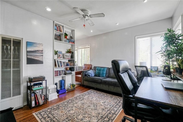 home office with recessed lighting, dark wood-style flooring, and ceiling fan