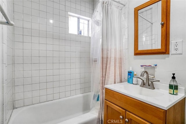 full bath with shower / bathtub combination with curtain and vanity