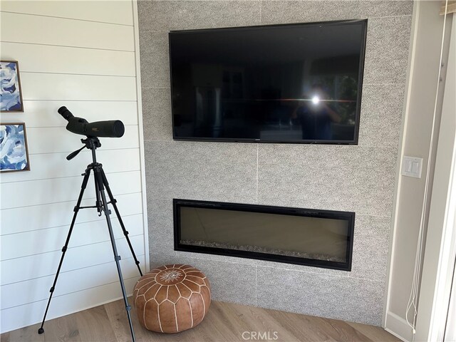 room details with a glass covered fireplace and wood finished floors