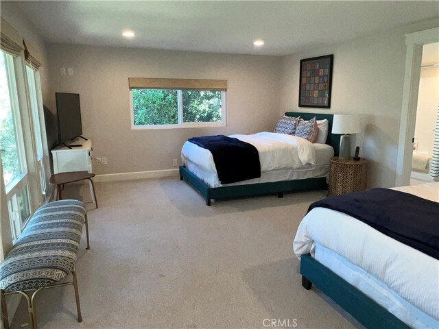 bedroom featuring baseboards, carpet, and recessed lighting