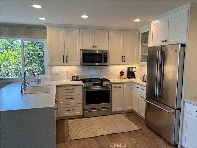 kitchen featuring white cabinets, a sink, light countertops, stainless steel appliances, and wood finished floors