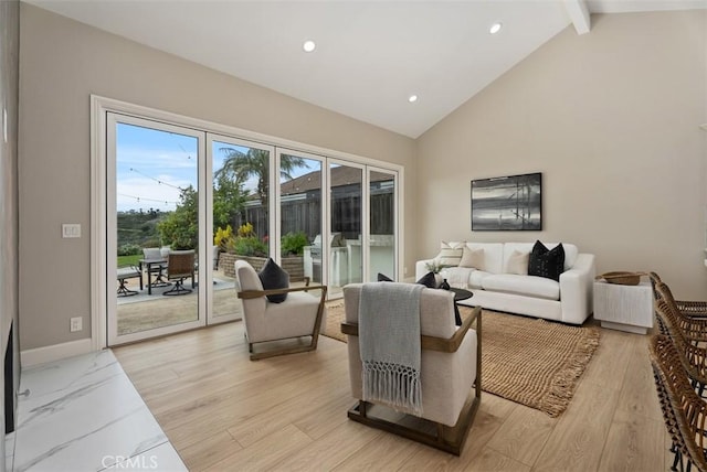 625 Calle Miguel, San Clemente, CA 92672 - living room with recessed lighting, beamed ceiling, high vaulted ceiling, and light wood-type flooring