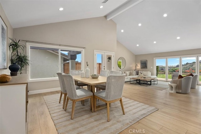625 Calle Miguel, San Clemente, CA 92672 - dining space featuring beamed ceiling, light wood-style flooring, high vaulted ceiling, and recessed lighting