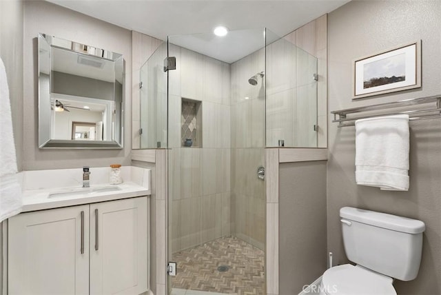 625 Calle Miguel, San Clemente, CA 92672 - bathroom featuring vanity, a stall shower, ceiling fan, and recessed lighting
