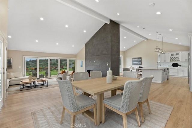 625 Calle Miguel, San Clemente, CA 92672 - dining room featuring high vaulted ceiling, beamed ceiling, light wood-style floors, and recessed lighting