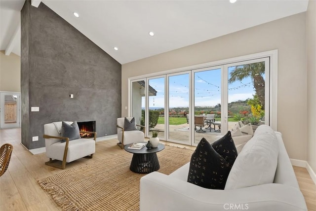 625 Calle Miguel, San Clemente, CA 92672 - living room featuring light wood-type flooring, recessed lighting, a high end fireplace, and high vaulted ceiling