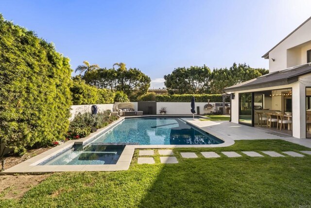 314 S Nardo Ave, Solana Beach, CA 92075 - view of swimming pool featuring an in ground hot tub, a patio area, a fenced backyard, a yard, and a fenced in pool