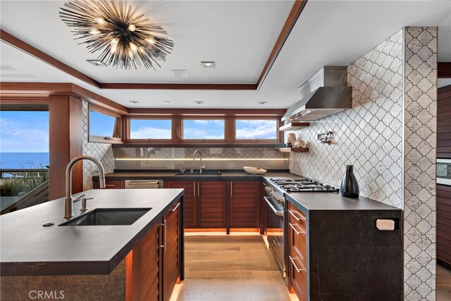 kitchen with a sink, appliances with stainless steel finishes, a tray ceiling, and wall chimney range hood