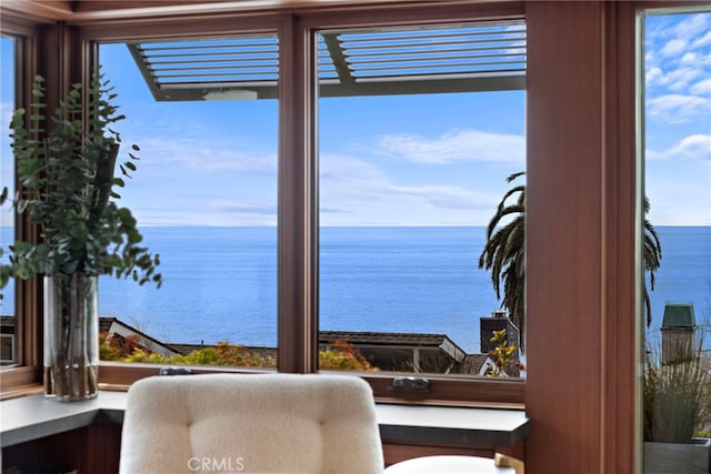 interior space featuring a water view