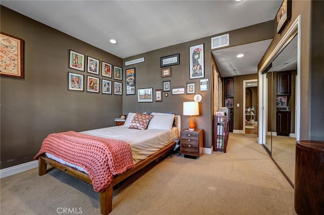 4805 Bellflower Ave Unit 205, North Hollywood, CA 91601 - bedroom with light colored carpet, baseboards, visible vents, and recessed lighting
