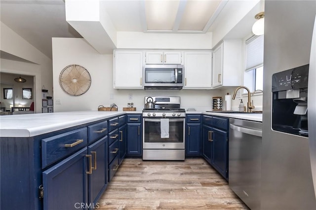 1929 Casa Linda St, Needles, CA 92363 - kitchen with a peninsula, blue cabinets, and stainless steel appliances