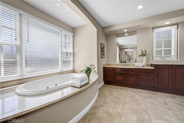 1489 Caballero Rd, Arcadia, CA 91006 - bathroom featuring vanity, a jetted tub, tile patterned floors, and recessed lighting