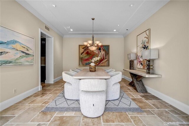 1489 Caballero Rd, Arcadia, CA 91006 - dining space with stone tile floors, a chandelier, crown molding, and recessed lighting