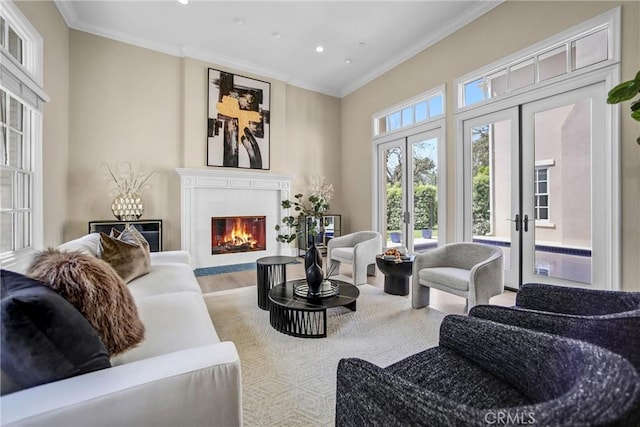 1489 Caballero Rd, Arcadia, CA 91006 - living area with french doors, crown molding, recessed lighting, a fireplace, and wood finished floors