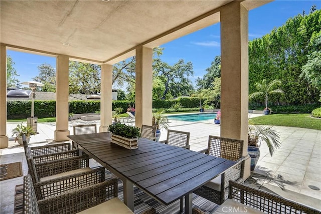 1489 Caballero Rd, Arcadia, CA 91006 - view of patio with outdoor dining space, an outdoor pool, and view of wooded area